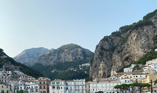 Town of Amalfi. Cliffs. Coastline. Bell tower of St. Andrew's Cathedral.