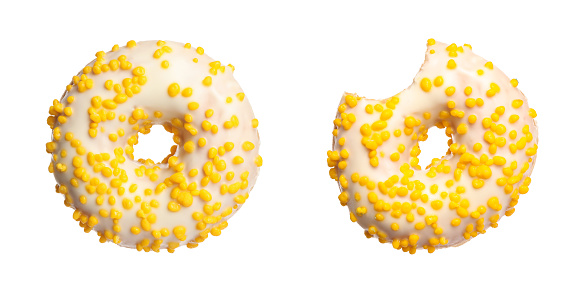 Whole and bitten tasty donuts with sprinkles isolated on white