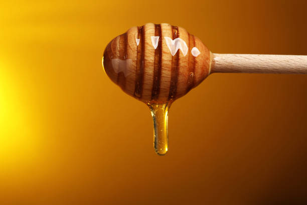 istock Pouring honey from dipper against golden background, space for text 1885471108