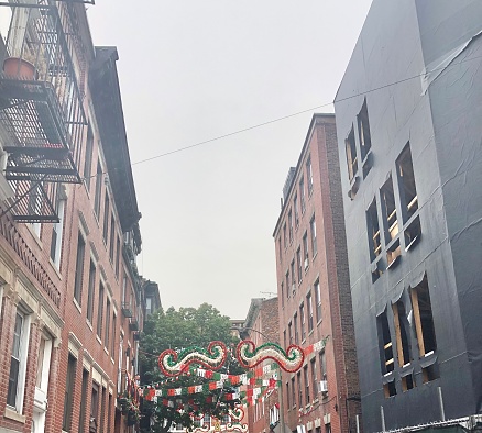 Street in the North End, Boston. Decorations for the St. Anthony Feast