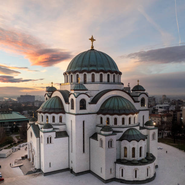 istock Church of Saint Sava captured with a drone during a twilight 1885476351