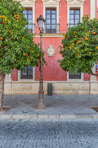 Seville, Spain - December 20, 2023: A part of a beautiful building in the old part of Seville