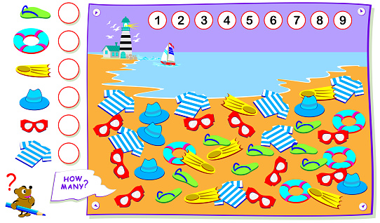 Printable educational page for kids. Count the quantity of objects on the beach and  write the numbers in circles. Worksheet for baby book. Logical puzzle game. Play online. IQ test.