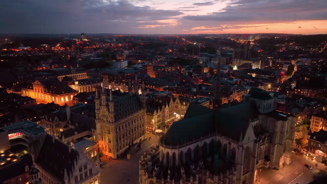 Aerial view of Central library of Catholic University of Leuven, Belgium at night