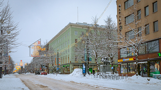 Lahti, Finland. December 24th, 2023. Aleksanterinkatu - The main street of the city with Christmas/winter decoration.