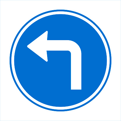 Turn left traffic road sign. Vector Illustration isolated on white background symbols label. Road sign for website EPS10