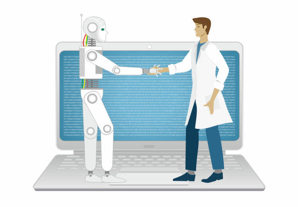 Doctor, scientist or health care worker in agreement with robot. Standing on laptop. Isolated. Vector illustration. Doctor, scientist, nurse or orther health care worker in agreement with robot. Standing on laptop. AI technology intelligence. Isolated. funny contract stock illustrations