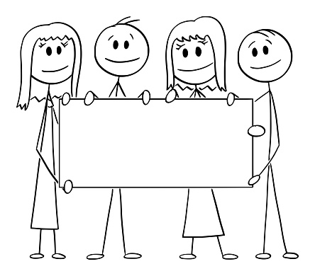Team of businessmen or persons holding big empty sign, vector cartoon stick figure or character illustration.
