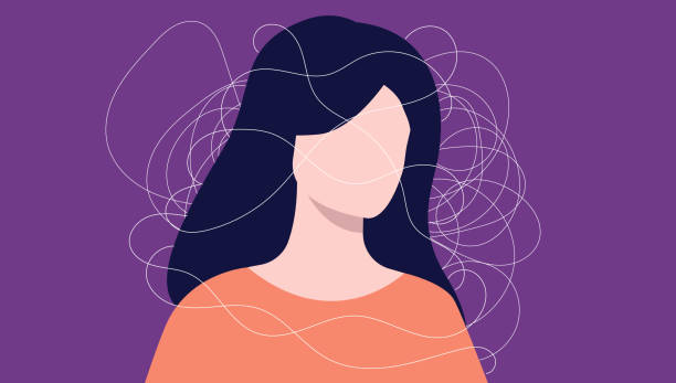 Female person with brain fog and mental health problems in flat design vector illustration