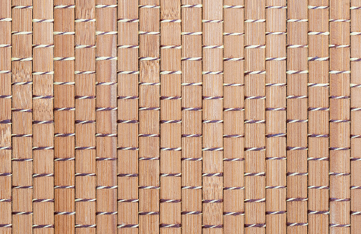 Top view of beige bamboo food placemat as background texture.