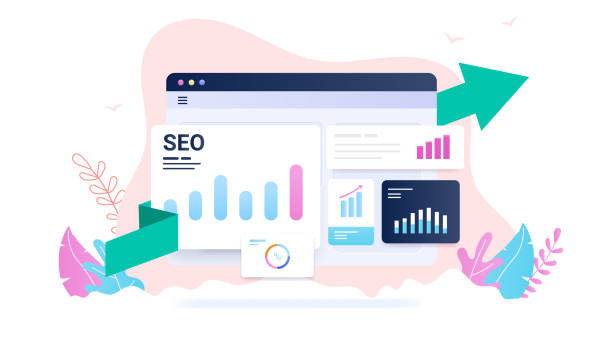 ilustraciones, imágenes clip art, dibujos animados e iconos de stock de seo u optimización de motores de búsqueda para el crecimiento - motor de búsqueda