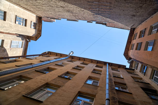 istock View from below of old square courtyard well 1885663480