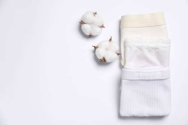 istock Stylish folded women's underwear and cotton flowers on white background, flat lay. Space for text 1885668063