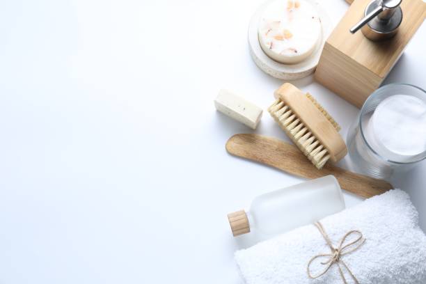istock Bath accessories. Flat lay composition with personal care products on white background, space for text 1885687475
