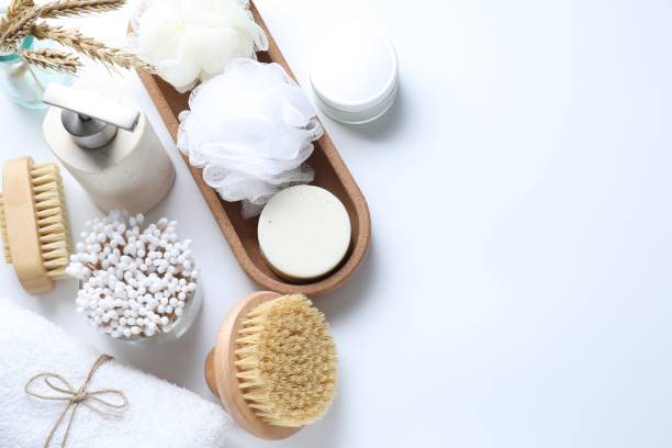 istock Bath accessories. Flat lay composition with personal care products on white background, space for text 1885688012