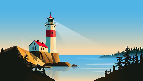 Illustration of light tower by the sea in beautiful landscape scene, sending beam of light to the horizon