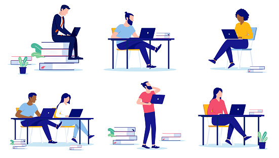 Set of illustration with people learning, doing research and taking education online with computers. Flat design with white background
