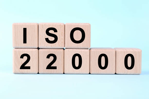 istock International Organization for Standardization. Wooden cubes with abbreviation ISO and number 22000 on light blue background 1885702700
