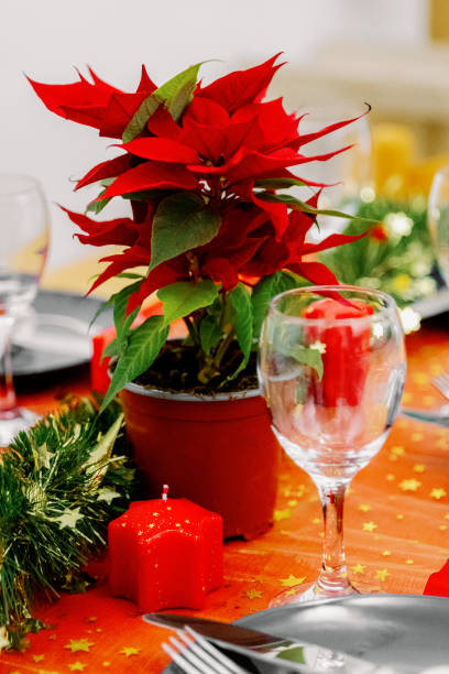 istock Red candle with a Christmas flower on a festively served table. 1885705468