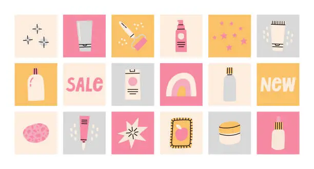 Vector illustration of Big set of hand drawn vector illustrations with beauty products. Korean cosmetics.