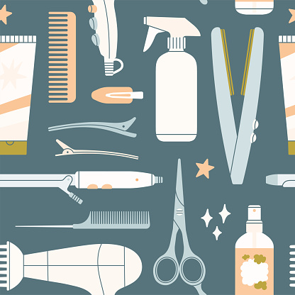 Products for haircuts and hair care. Hand drawn vector illustration. Print, fabric, wrapping paper