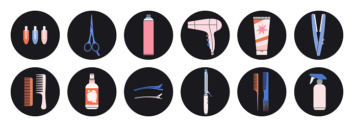 Products and equipment for haircuts and hair care. Icons, highlights. Hand drawn vector illustration.