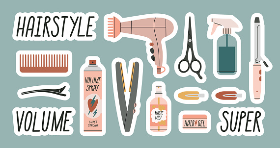 Includes phrases and illustrations. Products and equipment for haircuts and hair care in salon or at home. Hand drawn vector illustration.