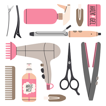 Products, equipment for haircuts and hair care in salon or at home. Hand drawn vector illustration.