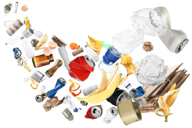 istock Lots of different garbage flying on white background 1885712752