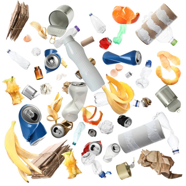 istock Lots of different garbage flying on white background 1885713261