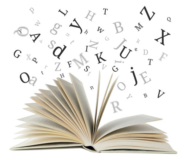 istock Open book with letters flying out of it on white background 1885713286
