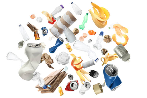 Lots of different garbage flying on white background