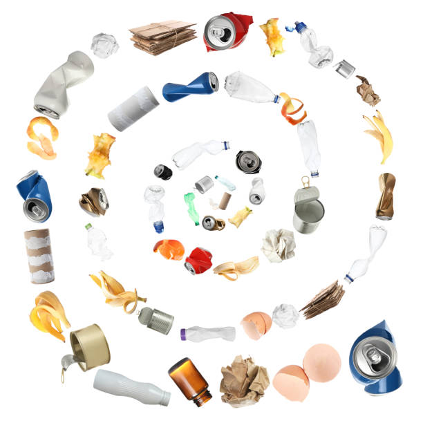 istock Lots of different garbage flying on white background 1885713829