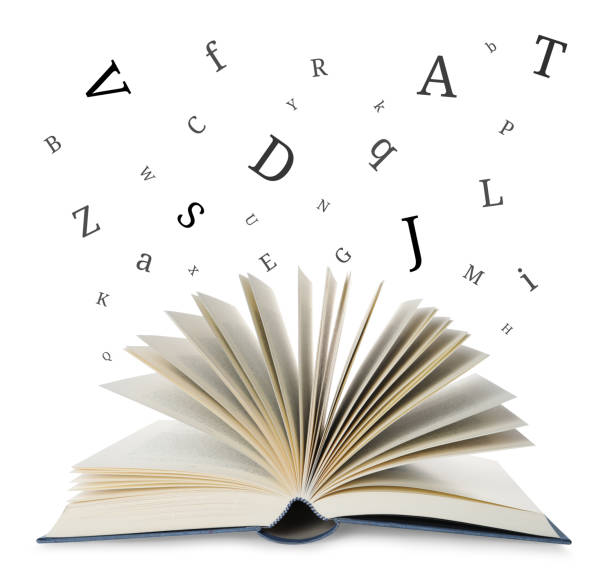 istock Open book with letters flying out of it on white background 1885713836