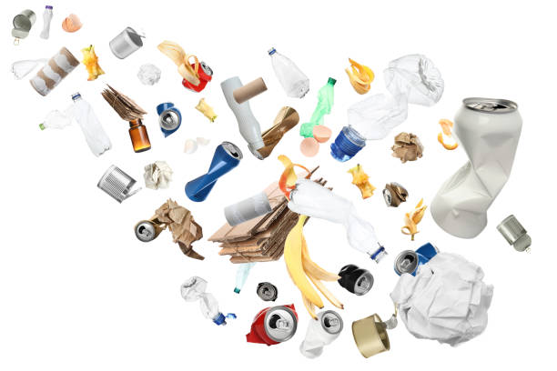 istock Lots of different garbage flying on white background 1885716450
