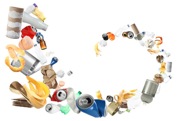 istock Lots of different garbage flying on white background 1885716456