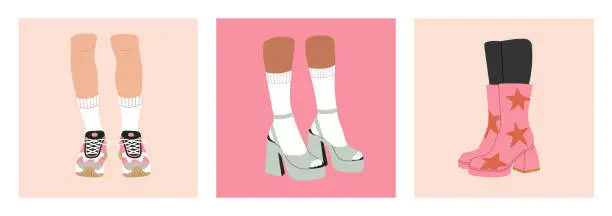 Vector illustration of Set of posters with women's legs in boots, high heeled shoes, sandals, sneakers.