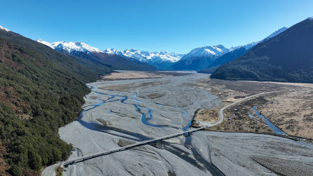 The road bridge crossing the river through the valley between the mountains