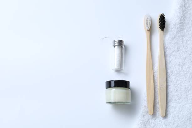 istock Bath accessories. Flat lay composition with personal care products on white background, space for text 1885752072