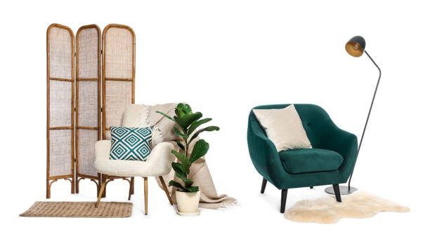 istock Comfortable armchairs with pillows and other interior elements isolated on white, set 1885752581