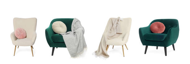 istock Different comfortable armchairs with blankets and pillows isolated on white, set 1885753097