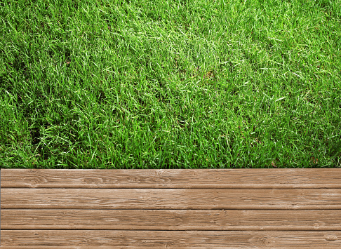 Fresh green grass and wooden surface outdoors, top view