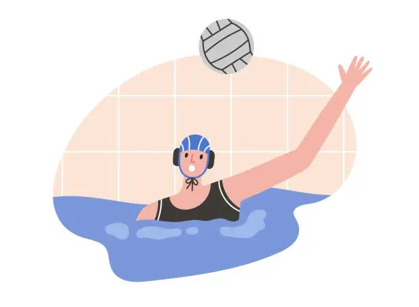 Vector illustration of Vector illustration of water polo player in action. Young swimmer in cap.