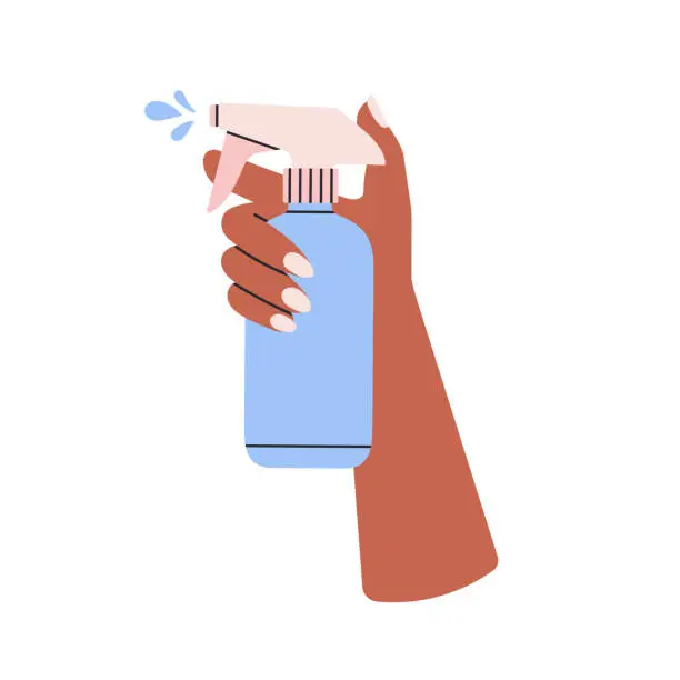 Vector illustration of Poster with woman's hand holding a spray with water for haircut process.
