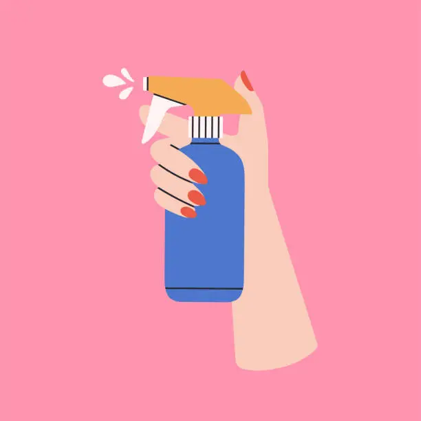 Vector illustration of Poster with woman's hand holding a spray with water for haircut process.