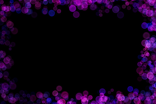 Bokeh lights effect on Purple, Blue, Pink color, Black Background, Frame, Abstract Blur, Glitter, Defocused, Seamless polka dot pattern , Creative, Illustration design