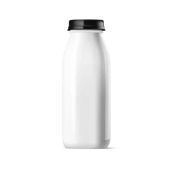 istock Single white glossy plastic bottle with black top, ideal for milk or yogurt. Isolated on white, blank surface for label mockup. Vector illustration. 1885849886
