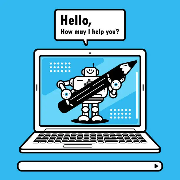 Vector illustration of An artificial intelligence robot carrying a large pencil on a laptop computer screen