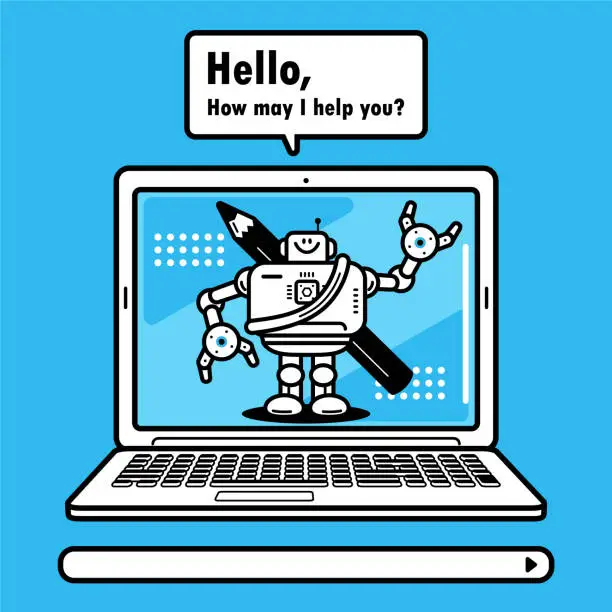 Vector illustration of An artificial intelligence robot carrying a large pencil on a laptop computer screen