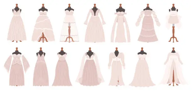 Vector illustration of Wedding Dresses Collection Epitomizes Timeless Charm. From Ethereal Lace To Sleek Silhouettes, Gowns Set